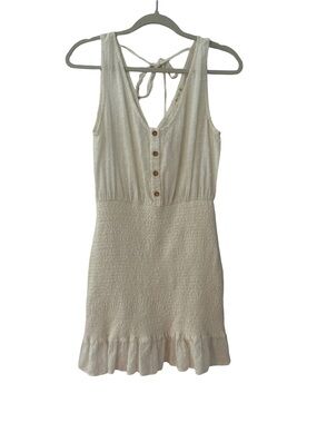 Em & Elle White Cotton Bodycon Cottagcore Smocked Faux Button Back Tie Dress M